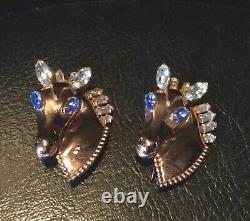 Pair Of Vintage Sterling Vermeil Horse Head Brooches Rhinestones