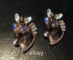 Pair Of Vintage Sterling Vermeil Horse Head Brooches Rhinestones