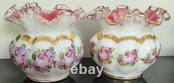 Pair Of Vtg Fenton Silver Crest Charlton Rose Hand Painted Ruffled Melon Vase