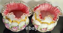 Pair Of Vtg Fenton Silver Crest Charlton Rose Hand Painted Ruffled Melon Vase