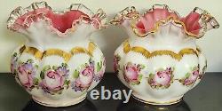Pair Of Vtg Fenton Silver Crest Charlton Rose Hand Painted Ruffled Melon Vase