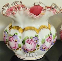 Pair Of Vtg Fenton Silver Crest Charlton Rose Hand Painted Ruffled Melon Vase
