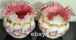 Pair Of Vtg Fenton Silver Crest Charlton Rose Hand Painted Ruffled Melon Vase