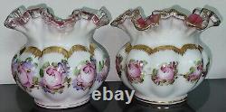 Pair Of Vtg Fenton Silver Crest Charlton Rose Hand Painted Ruffled Melon Vase