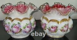 Pair Of Vtg Fenton Silver Crest Charlton Rose Hand Painted Ruffled Melon Vase