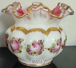 Pair Of Vtg Fenton Silver Crest Charlton Rose Hand Painted Ruffled Melon Vase
