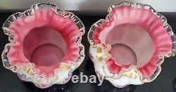 Pair Of Vtg Fenton Silver Crest Charlton Rose Hand Painted Ruffled Melon Vase