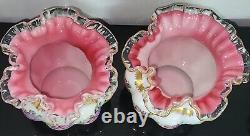 Pair Of Vtg Fenton Silver Crest Charlton Rose Hand Painted Ruffled Melon Vase