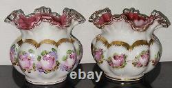 Pair Of Vtg Fenton Silver Crest Charlton Rose Hand Painted Ruffled Melon Vase