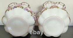 Pair Of Vtg Fenton Silver Crest Charlton Rose Hand Painted Ruffled Melon Vase