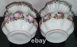Pair Of Vtg Fenton Silver Crest Charlton Rose Hand Painted Ruffled Melon Vase