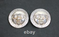 Pair Of Vtg Northwest Coast Style Sterling Silver Cast Moon Face / Mask Earrings