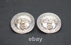 Pair Of Vtg Northwest Coast Style Sterling Silver Cast Moon Face / Mask Earrings