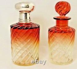 Pair Perfume Bottles Silver Tops Vintage Amberina