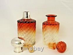 Pair Perfume Bottles Silver Tops Vintage Amberina