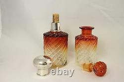 Pair Perfume Bottles Silver Tops Vintage Amberina