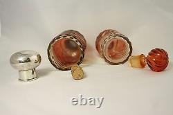 Pair Perfume Bottles Silver Tops Vintage Amberina