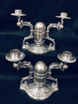 Pair Rare Vintage Pewter Chinese Dragon Candelabra Candle Holder Candlesticks