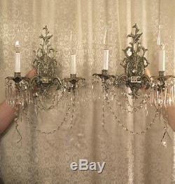 Pair SILVER Chrome Sconces Vintage Bronze Brass French lamp ROCOCO crystal Spain