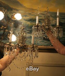 Pair SILVER Chrome Sconces Vintage Bronze Brass French lamp ROCOCO crystal Spain