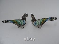Pair Sterling Silver 925 Enamel Filigree Cloisonne Birds Figurine Sculpture 80g