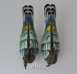 Pair Sterling Silver 925 Enamel Filigree Cloisonne Birds Figurine Sculpture 80g