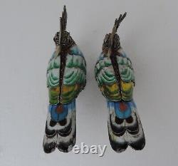 Pair Sterling Silver 925 Enamel Filigree Cloisonne Birds Figurine Sculpture 80g