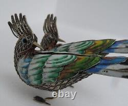 Pair Sterling Silver 925 Enamel Filigree Cloisonne Birds Figurine Sculpture 80g