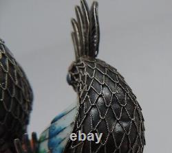 Pair Sterling Silver 925 Enamel Filigree Cloisonne Birds Figurine Sculpture 80g