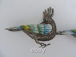 Pair Sterling Silver 925 Enamel Filigree Cloisonne Birds Figurine Sculpture 80g