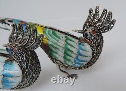 Pair Sterling Silver 925 Enamel Filigree Cloisonne Birds Figurine Sculpture 80g