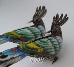 Pair Sterling Silver 925 Enamel Filigree Cloisonne Birds Figurine Sculpture 80g
