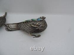 Pair Sterling Silver 925 Enamel Filigree Cloisonne Birds Figurine Sculpture 80g