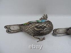 Pair Sterling Silver 925 Enamel Filigree Cloisonne Birds Figurine Sculpture 80g