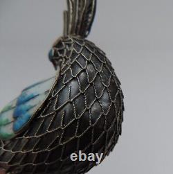 Pair Sterling Silver 925 Enamel Filigree Cloisonne Birds Figurine Sculpture 80g