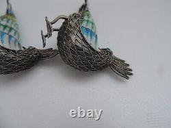 Pair Sterling Silver 925 Enamel Filigree Cloisonne Birds Figurine Sculpture 80g
