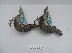 Pair Sterling Silver 925 Enamel Filigree Cloisonne Birds Figurine Sculpture 80g