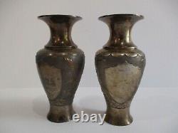 Pair Sterling Silver Vintage Antique Vase Chinese Japanese Hallmarked Scholar