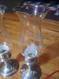 Pair Sterling Silver beautiful etched glass Vintage 1940's JW Mueck Large 330