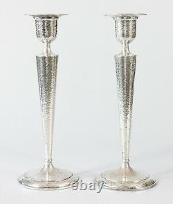 Pair Tall 12.5 Vintage Mid-Century Art Deco Hammered Silver Plate Candlesticks