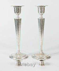Pair Tall 12.5 Vintage Mid-Century Art Deco Hammered Silver Plate Candlesticks