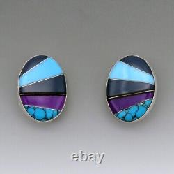 Pair VTG Fred Maloney Sterling Silver Multi Stone Turquoise Inlay Oval Earrings