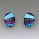 Pair Vtg Fred Maloney Sterling Silver Multi Stone Turquoise Inlay Oval Earrings