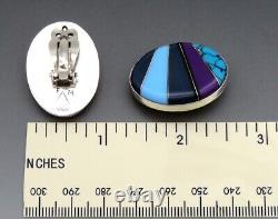 Pair VTG Fred Maloney Sterling Silver Multi Stone Turquoise Inlay Oval Earrings