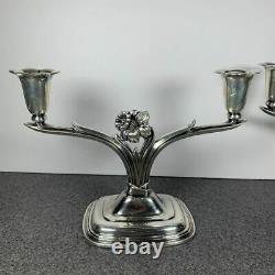 Pair Vintage 1847 Rogers Bros. Daffodil Silver Plated Double Candle Holders