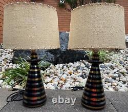 Pair Vintage 1950s Black Gold Silver Striped Ceramic Lamps Fiberglass Shades MCM