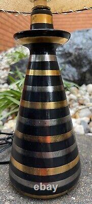 Pair Vintage 1950s Black Gold Silver Striped Ceramic Lamps Fiberglass Shades MCM