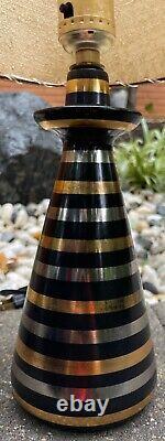 Pair Vintage 1950s Black Gold Silver Striped Ceramic Lamps Fiberglass Shades MCM