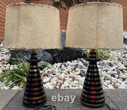 Pair Vintage 1950s Black Gold Silver Striped Ceramic Lamps Fiberglass Shades MCM