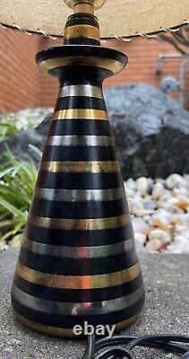 Pair Vintage 1950s Black Gold Silver Striped Ceramic Lamps Fiberglass Shades MCM